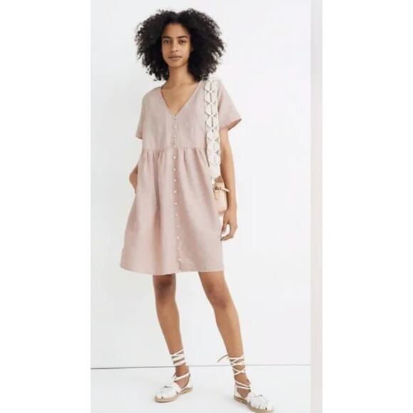Madewell Dress Womens Medium Pink Alexandra Linen Blend Button Front Mini - Picture 1 of 9